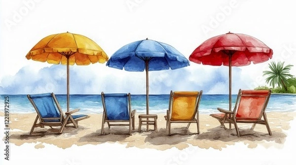 Fototapeta A watercolor painting of beach chairs under colorful umbrellas with the ocean in the background, AI generated