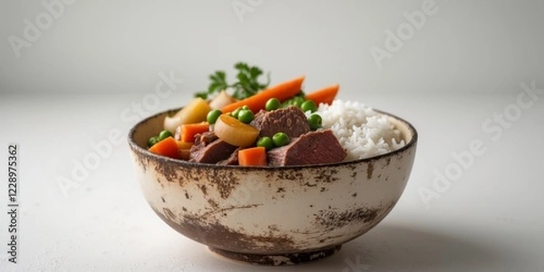 Fototapeta Savory Beef Stew with Rice and Vegetables in a Rustic Bowl.