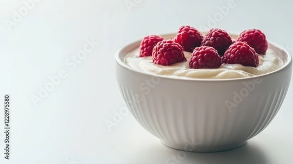 Fototapeta A minimalist bowl of plain almond yogurt with a few fresh raspberries on top, served in a simple white ceramic bowl, Almond yogurt centered