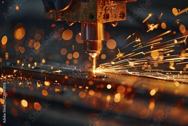 Fototapeta Close up of industrial laser cutting material. KI generiert, generiert, AI generated