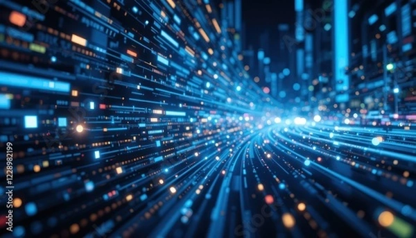 Fototapeta Futuristic data stream highway through city at night, digital technology concept