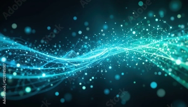 Fototapeta Teal energy wave, particle background, digital art, abstract, technology