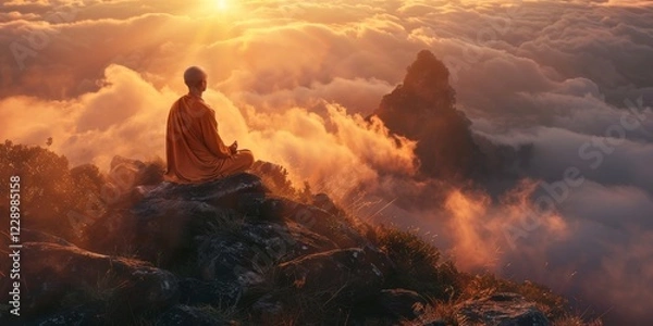Fototapeta Imagine meditating peacefully at sunrise on a serene mountain peak, bathing in ethereal light, harmonizing mind and soul with natures tranquility, reflecting in quiet contemplation