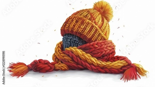 Fototapeta A vibrant knitted hat and scarf set, in orange and yellow hues, on a winter background, AI generated