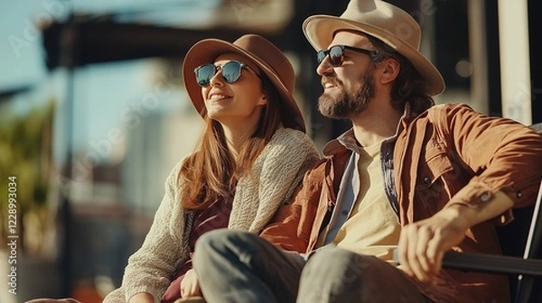 Fototapeta A man and woman are sitting on a bench