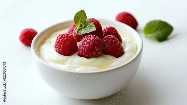 Fototapeta A minimalist bowl of plain Greek yogurt topped with a few fresh blueberries, served in a simple white ceramic bowl, Greek yogurt centered
