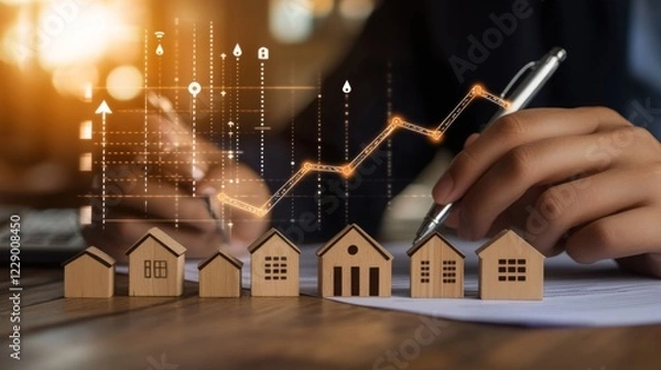 Obraz A person analyzes real estate trends while examining miniature houses and charts, emphasizing market growth and investment opportunities.