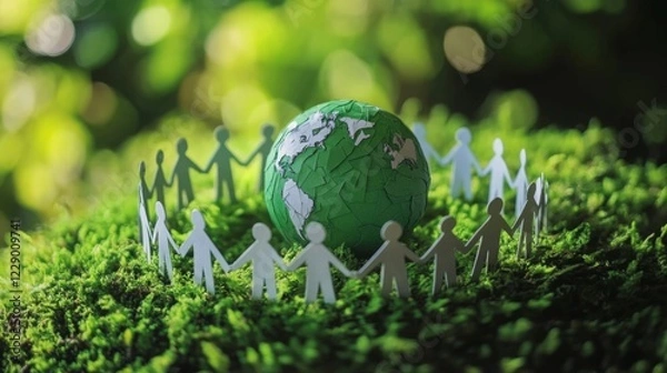 Obraz A group of paper figures holds hands around a small, green globe, symbolizing unity and environmental awareness on a lush, green background.