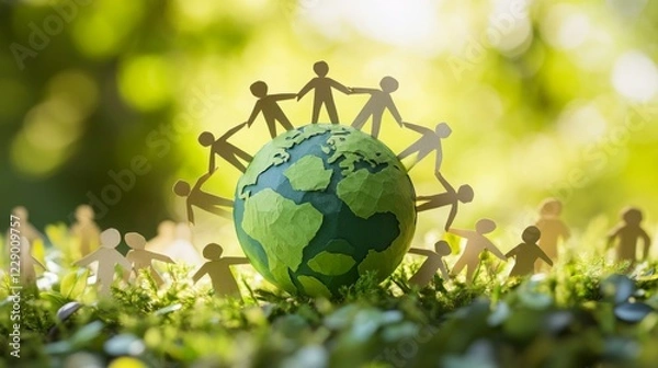Obraz A vibrant globe surrounded by paper cutouts of people holding hands, symbolizing unity and environmental care in a lush, green setting.