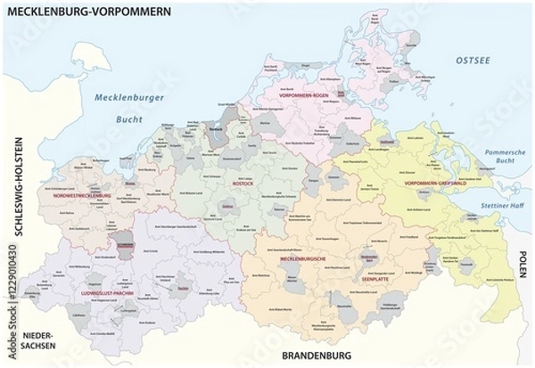 Fototapeta Administrative vector map of the state of Mecklenburg Western Pomerania, Germany, Europe
