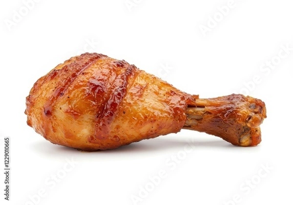 Obraz A single glazed barbecue chicken drumstick with a crispy outer texture isolated on a white background