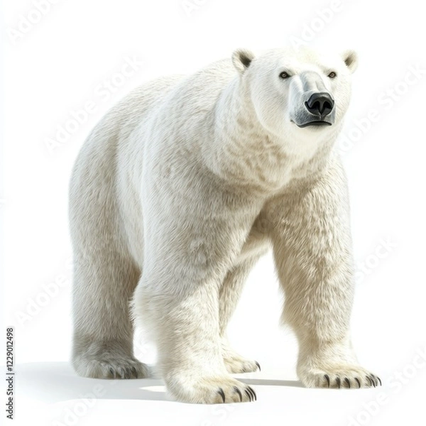 Fototapeta Realistic Polar Bear Standing on Snowy Ground, White Background