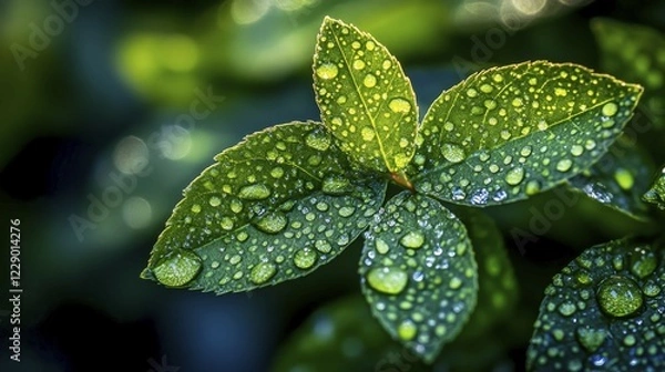 Fototapeta Close-up of green leaves covered in water droplets, highlighting freshness and nature, AI generated