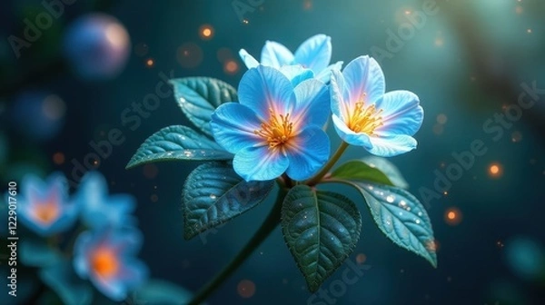 Fototapeta Enchanted Azure Blossoms Delicate Petals Glimmering with Dew Drops in a Mystical Garden Setting