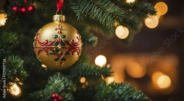 Fototapeta Christmas ornament hanging on a tree, with reflections of twinkling lights and fireplace flames flickering in the background, AI generated