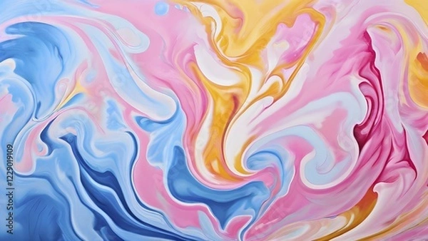 Fototapeta Abstract painting with fluid swirling pastel colors of pin, k blue and yellow, AI generated
