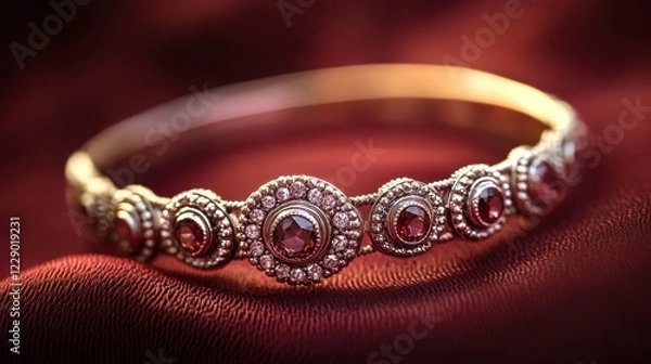 Fototapeta A white gold bangle with gemstone accents displayed on a rich red backdrop.