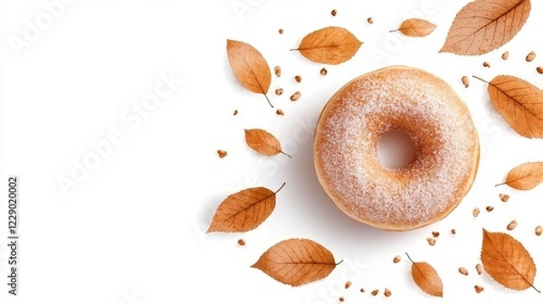 Fototapeta A cinnamon-sugar donut with edible leaves in fall colors, watercolor effect, cozy theme, isolated on white background