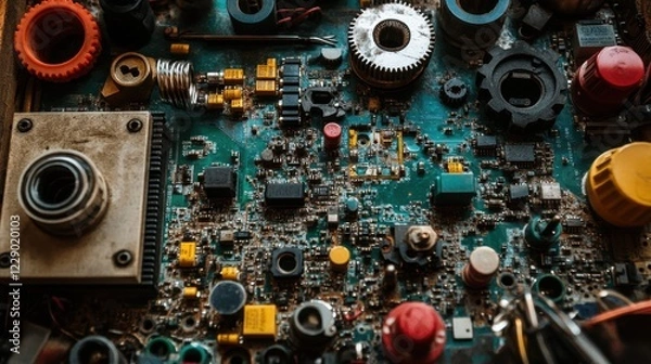 Fototapeta Close-up of engineering tools such as screwdrivers, gears, and electronic components in an industrial workspace.