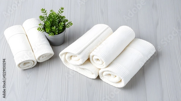 Fototapeta Fresh rolled towels and plant on grey wooden table. Space for text. Generative AI