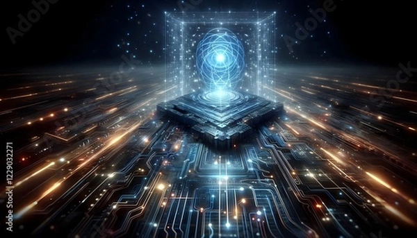 Fototapeta A conceptual illustration of a futuristic quantum circuit board with glowing pathways and a holographic interface, representing the next generation of computing technology
