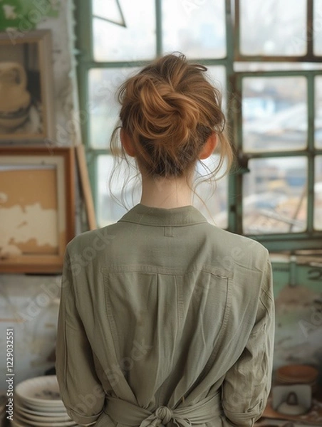 Fototapeta Young blonde woman from behind looking at a window, AI generated
