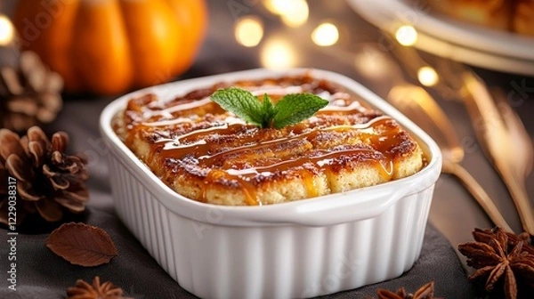 Obraz Traditional bread pudding infused with cinnamon and nutmeg, served with a caramel sauce and garnished with fresh mint, surrounded by Thanksgiving dishes