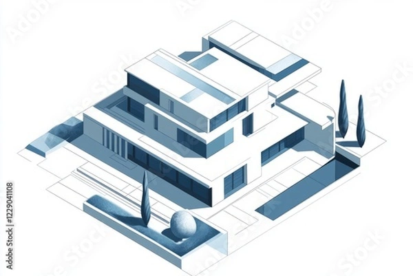 Fototapeta A white house with a pool and a tree in front of it. The house is a three story building