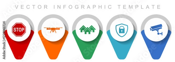 Obraz Home security pointer collection, miscellaneous icons such as stop sign, drone, house, cctv camera and padlock, flat design vector infographic template in eps 10