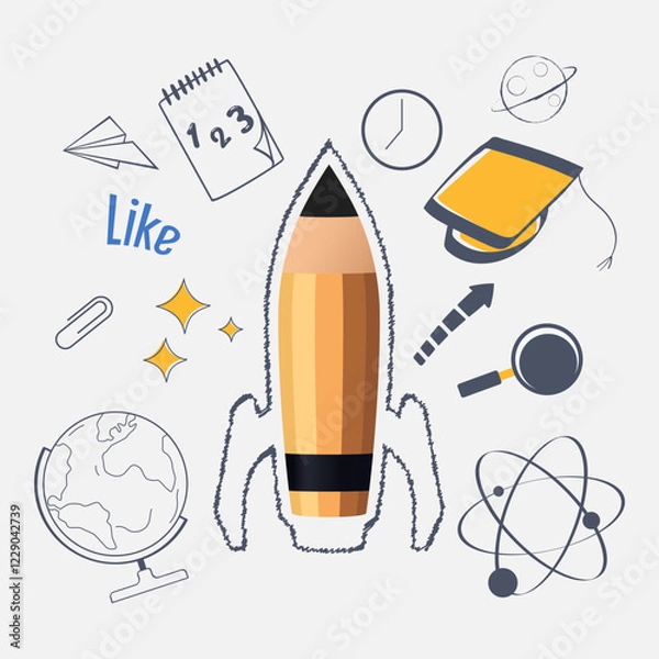 Fototapeta vector elements of learning equipment for school and learning concept designs featuring elements of stationery and other school tools as well as elements of outer space objects
