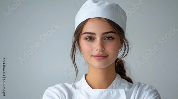 Fototapeta Young chef wearing a white uniform and hat poses confidently with a warm smile in a contemporary kitchen setting. Generative AI