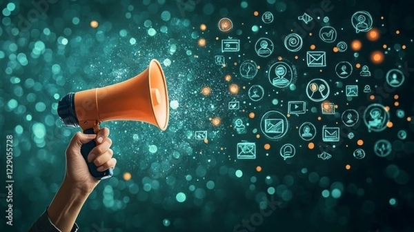 Obraz social network marketing: hand with megaphone, glowing icons and people symbols, on a dark green backdrop, highlighting advertising and engagement.