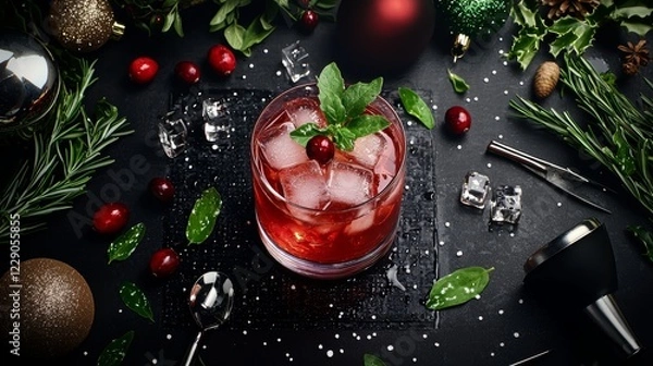 Fototapeta Dark, moody scene of a bourbon cocktail with cranberry ice cubes, surrounded by fresh herbs, holiday decorations, and vintage kitchen tools