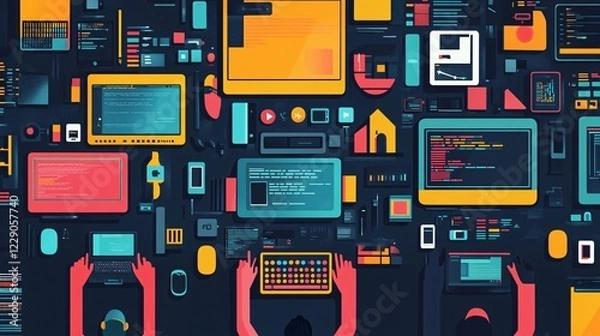 Fototapeta developers working on mobile app projects, coding for iOS and Android platforms, with multiple devices and screens in a dynamic workspace.