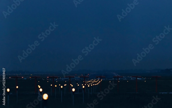 Fototapeta Blurred lines of runway lights at an airport