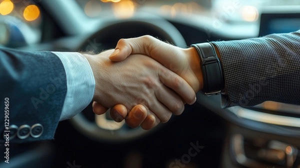 Fototapeta Business professionals participating in a handshake agreement inside a car during a city evening meeting. Generative AI