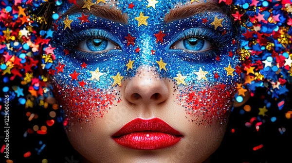Fototapeta Colorful face painting featuring red, white, and blue stars with sparkling details and vibrant blue eyes during a festive celebration. Generative AI
