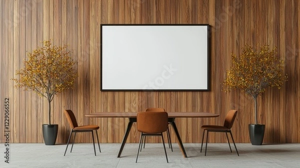 Fototapeta Modern Conference Room Design Featuring Wooden Wall, Minimalist Furniture, and Decorative Trees for Inspiring Collaboration