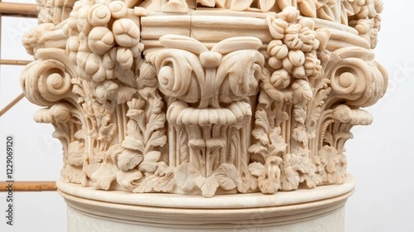 Fototapeta Ornate Classical Column Capital with Intricate Floral and Leaf Designs
