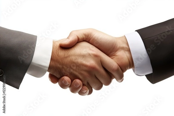 Fototapeta Close-up of two businessmen shaking hands, symbolizing agreement, partnership, trust, and successful deal-making.