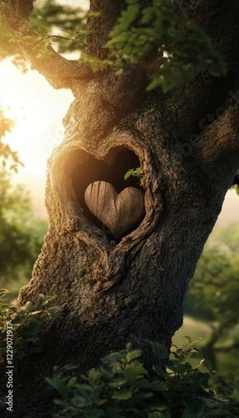 Fototapeta Photorealistic heart carving in oak tree surrounded by serene forest with warm lighting