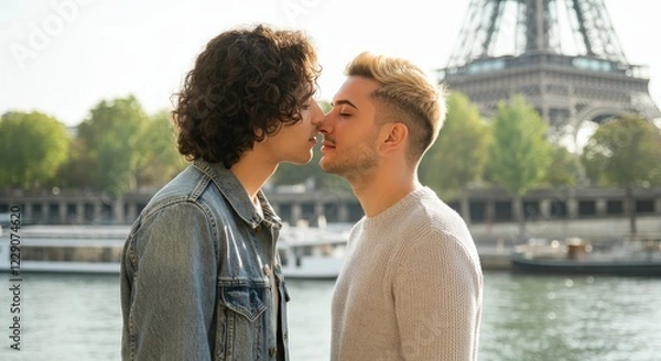 Fototapeta Romantic moment of young diverse couple by eiffel tower riverbank in paris