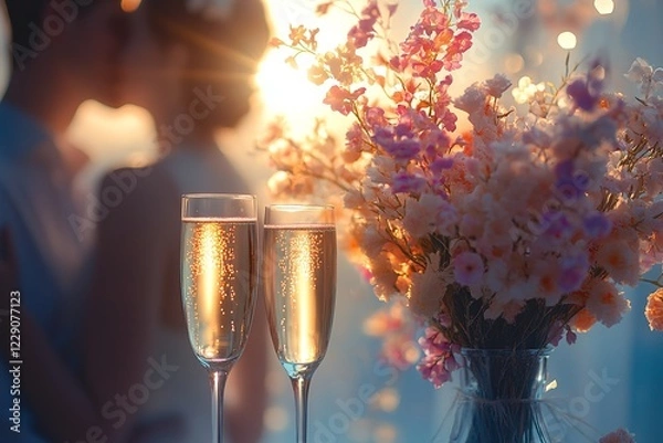 Fototapeta A beautifully detailed bouquet of flowers and two champagne glasses in focus, with a young couple in love softly blurred in the background. A romantic Valentine's Day celebration, captured in soft whi