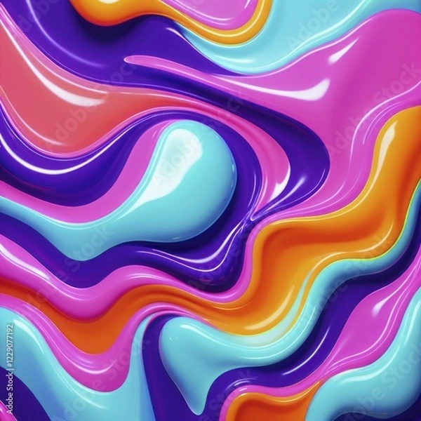Fototapeta Vivid colorful abstract waves with a fluid and glossy texture in hues of pink, blue, purple, and orange, AI generated