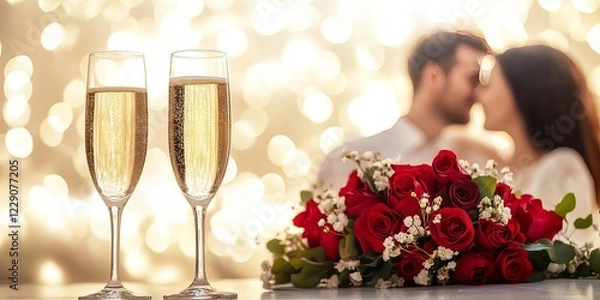 Fototapeta A beautifully detailed bouquet of flowers and two champagne glasses in focus, with a young couple in love softly blurred in the background. A romantic Valentine's Day celebration, captured in soft whi