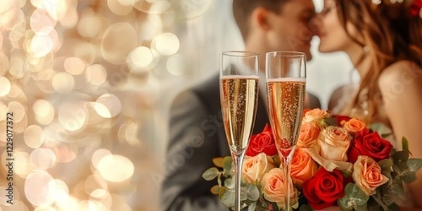 Fototapeta A beautifully detailed bouquet of flowers and two champagne glasses in focus, with a young couple in love softly blurred in the background. A romantic Valentine's Day celebration, captured in soft whi