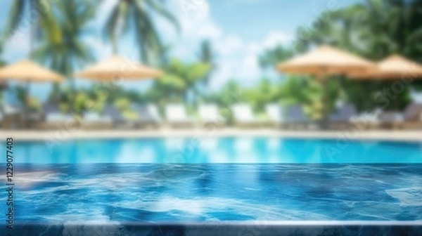 Fototapeta Empty marble tabletop for product presentation on blurred background of swimming pool with sun loungers, umbrellas and palm trees