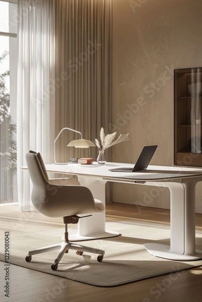 Fototapeta A modern soft cozy minimalist office space with a sleek white desk and an soft office chair. AI generative