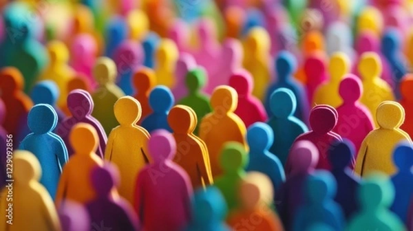 Fototapeta Crowd of multicolored paper cutout figures stands together, showcasing diversity and unity in an engaging artistic expression