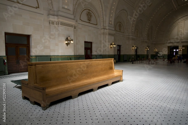Fototapeta Wooden Bench inside Union Station, Seattle, Washington State, US